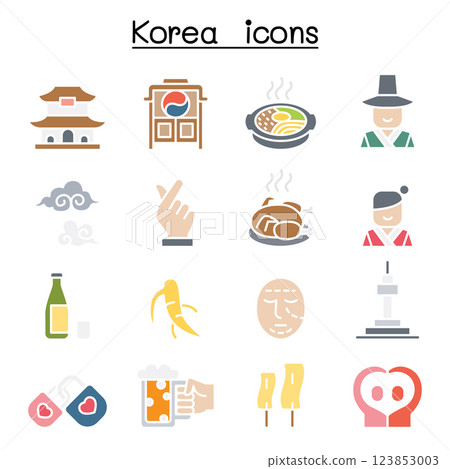 korea icon set in flat color style 123853003