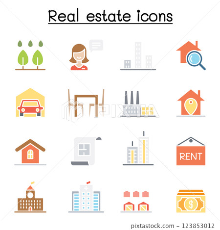 Real estate icon set in flat color style 123853012