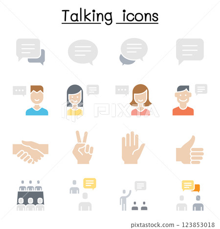 Speech, Discussion, Speaking, meeting and Hand Language icon set in flat color style 123853018