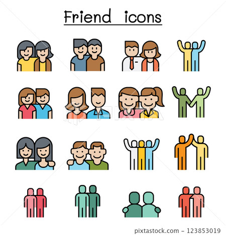 Friendship and Friend icon set in colorline style 123853019