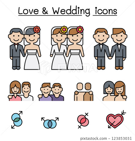 Wedding and Loving icon set in colorline style 123853031