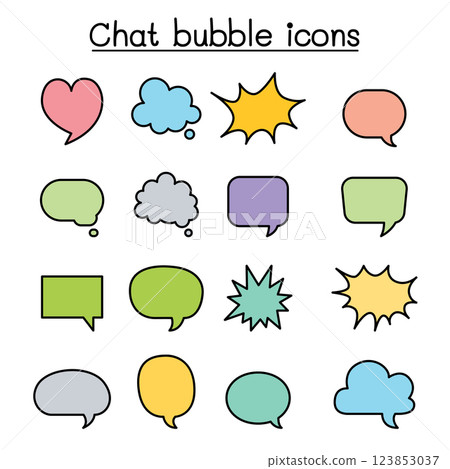 Chat balloon, speech bubble, talking, speaking icon set in colorline style Chat balloon, speech bubble, talking, speaking icon set in colorline style 123853037