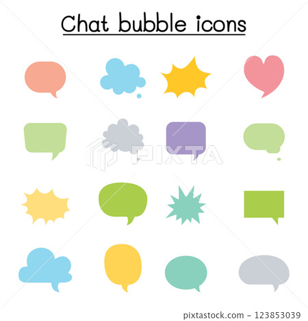 Chat balloon, speech bubble, talking, speaking icon set in flat color style Chat balloon, speech bubble, talking, speaking icon set in flat color style 123853039