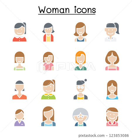 Woman, Girl, lady, female, Mom icon set in flat color style 123853086