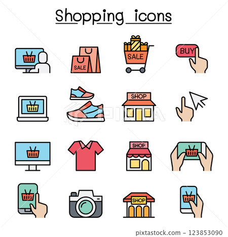 Shopping on line icon set in colorline style Shopping on line icon set in colorline style 123853090