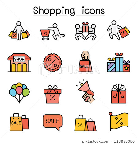 Shopping, Black Friday, Cyber Monday icon set in colorline style 123853096