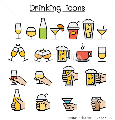 Drinking, glass in the hand icon set in colorline style 123853099