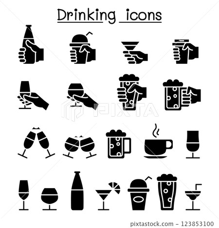 Drinking, glass in the hand icon set in glyph style Drinking, glass in the hand icon set in glyph style 123853100