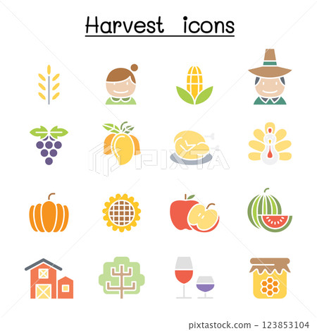 Harvest and Thanksgiving icon set in flat color style 123853104