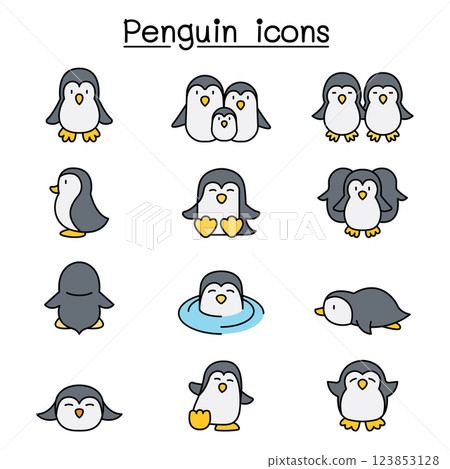Penguin icon set in colorline style 123853128