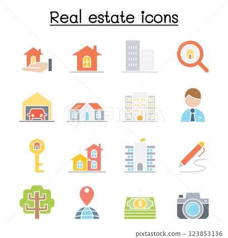 Real estate icon set in flat color style 123853136