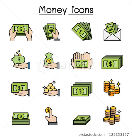 Money and hand icon set in colorline style 123853137