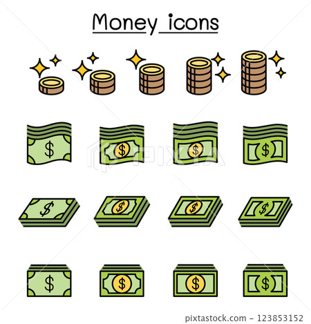 Money ,Coin, Cash, Currency , Bank note icon set in colorline style Money ,Coin, Cash, Currency , Bank note icon set in colorline style 123853152