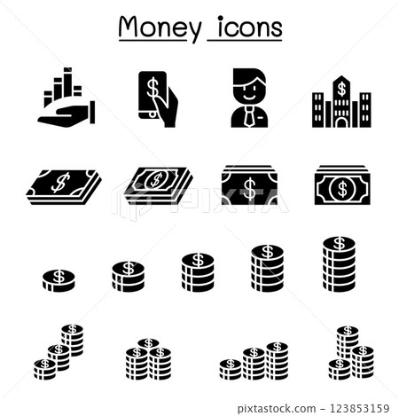 Money, Currency, Cash, Coins and Bank notes icon set in glyph style Money, Currency, Cash, Coins and Bank notes icon set in glyph style 123853159