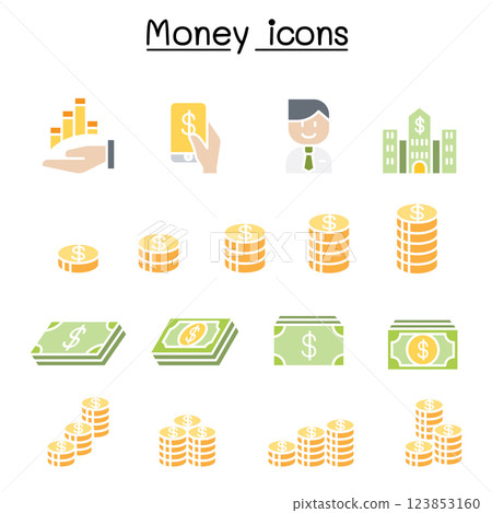Money, Currency, Cash, Coins and Bank notes icon set in flat color style Money, Currency, Cash, Coins and Bank notes icon set in flat color style 123853160