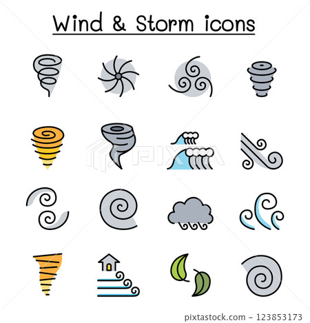 Wind and storm icon set in colorline style 123853173