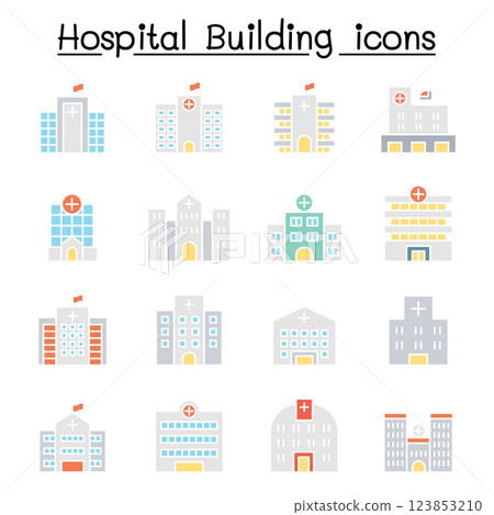 Hospital building icon set in flat color style 123853210