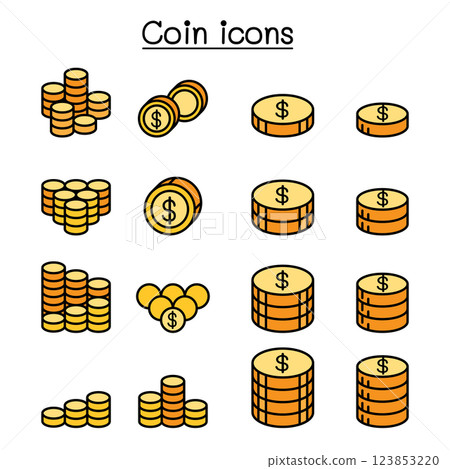 Money and Coin icon set in colorline style 123853220