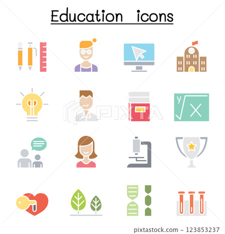 School and Education icon set in flat color style 123853237