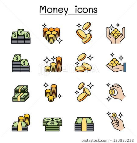 Money, Cash , Coin Bank note icon set in colorline style Money, Cash , Coin Bank note icon set in colorline style 123853238