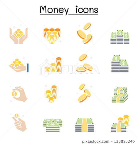 Money, Cash , Coin Bank note icon set in flat color style 123853240