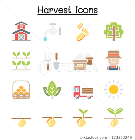 Harvest icon set in flat color style 123853249