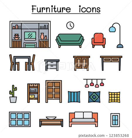 Furniture and Home decorate items icon set in colorline style 123853268