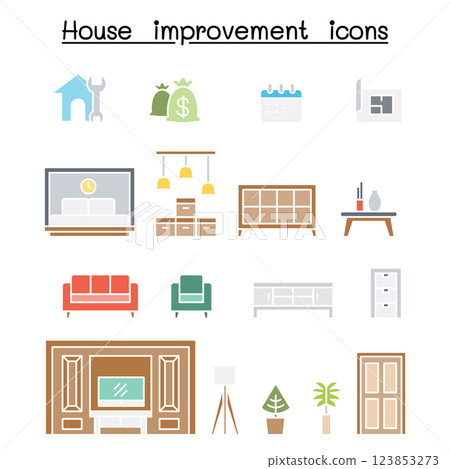 Furnitures , Home decorate items icon set in flat color style Furnitures , Home decorate items icon set in flat color style 123853273