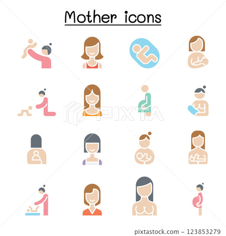 Mother and Woman icon set in flat color style 123853279