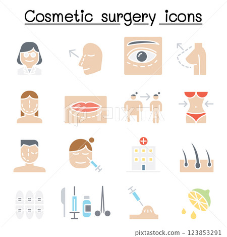 Cosmetic Surgery , Surgical operation icon set in flat color style Cosmetic Surgery , Surgical operation icon set in flat color style 123853291