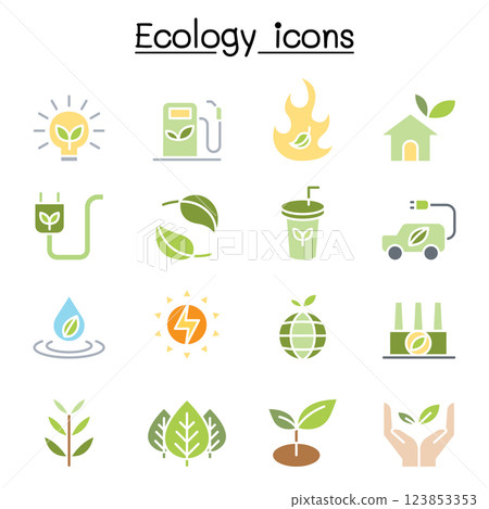 Ecology and Sustainable lifestyle icon set in flat color style 123853353