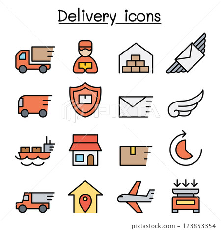 Delivery and Logistic icon set in colorline style 123853354