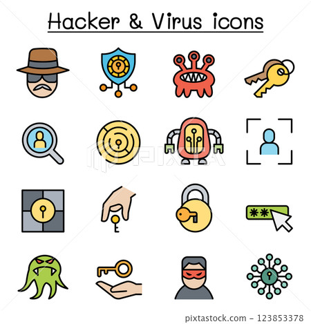 Hacker icon set in colorline style Hacker icon set in colorline style 123853378