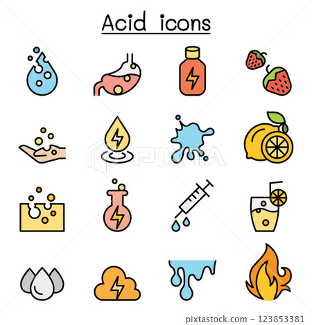 Acid icon set in colorline style Acid icon set in colorline style 123853381