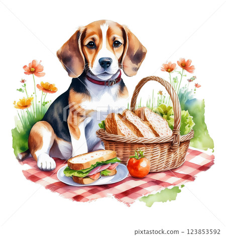 Picnic basket and beagle watercolor illustration 5 / flyer and poster material 123853592