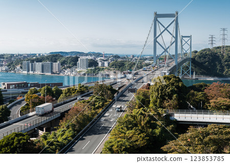 [Kitakyushu Mojiko Port: Kanmon Strait and Kanmon Bridge from Mekari No. 2 Observation Deck] 123853785