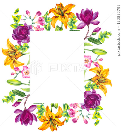Floral illustration with freesia magnolia and lily 123853795