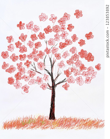 蠟筆畫的櫻花樹AI圖像 123853892