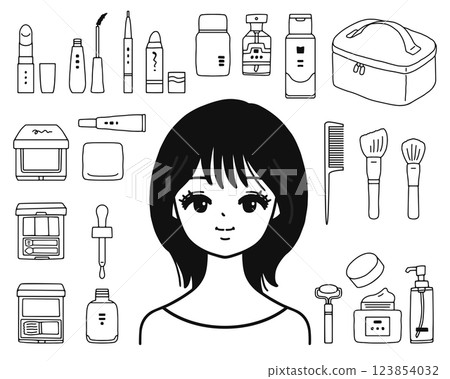 Illustration set of women and makeup products - line drawing Illustration set of women and makeup products - line drawing 123854032