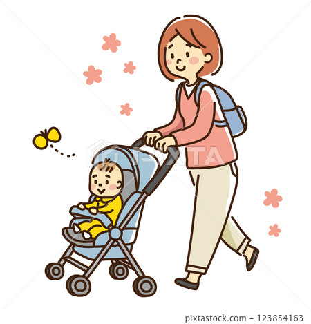 Mother walking pushing a stroller 123854163