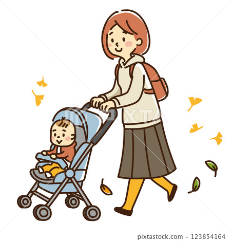 母親推著嬰兒車散步 123854164