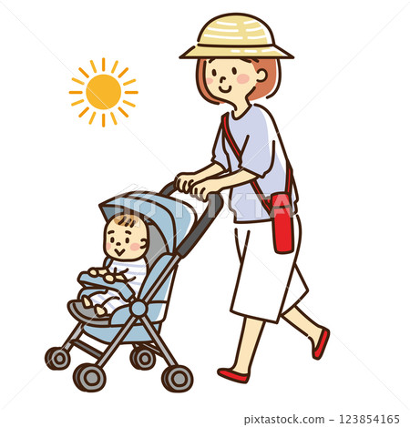 母親推著嬰兒車散步 123854165