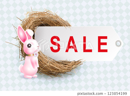 Drawing with a nest and a cute pink rabbit, design element 123854199