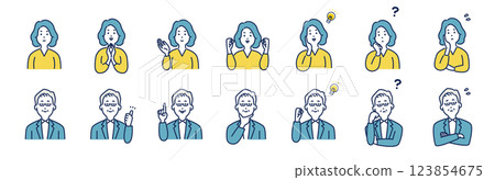 Illustration set of various facial expressions and poses of men and women Illustration set of various facial expressions and poses of men and women 123854675