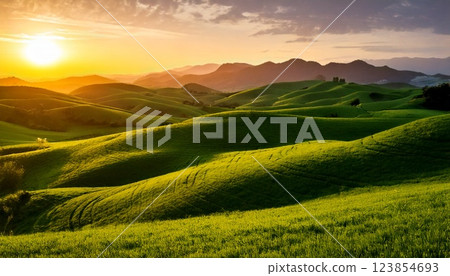 Lush green hills at dusk 123854693