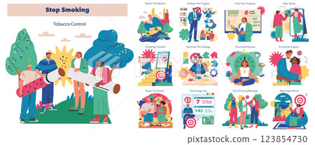 Stop Smoking initiative focusing on tobacco control strategies. Covers methods like tracking progress, overcoming triggers, and establishing a supportive environment, emphasizing health benefits and 123854730