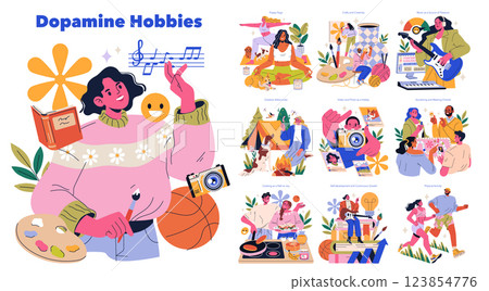 Dopamine Hobbies illustration. This visual explores various joyful activities that boost happiness, such as painting, music, cooking, and outdoor adventures. Engaging in these hobbies enhances well 123854776