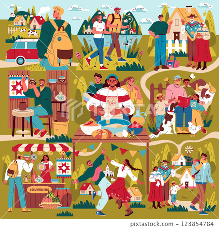 Slow travel illustration. Emphasizes leisurely exploration through various activities like hiking, cooking, local markets, and community events. Captures cultural connections and local experiences 123854784