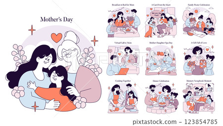 Mother's Day illustration captures heartfelt moments shared between families and mothers. Celebrations include breakfast in bed, virtual calls, picnics, and spa days. Each depiction reflects love and 123854785