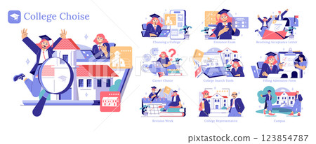 College choice set. Student selecting college, passing entrance exam, admission process, online research tools and career planning for successful study. Vector illustration. 123854787